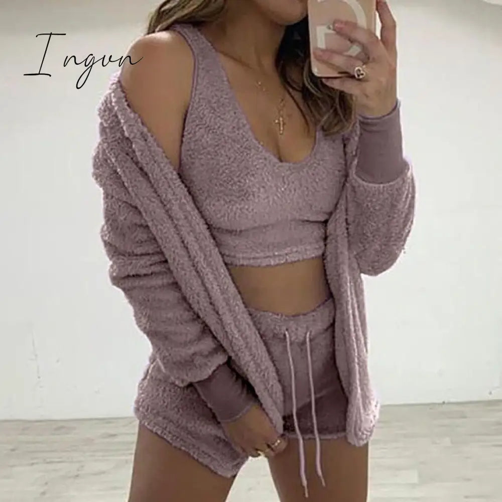 Ingvn - Three Piece Sexy Fluffy Outfits Plush Velvet Hooded Cardigan Coat+Shorts+Crop Top Women Tracksuit Sets Casual Sports Sweatshirt