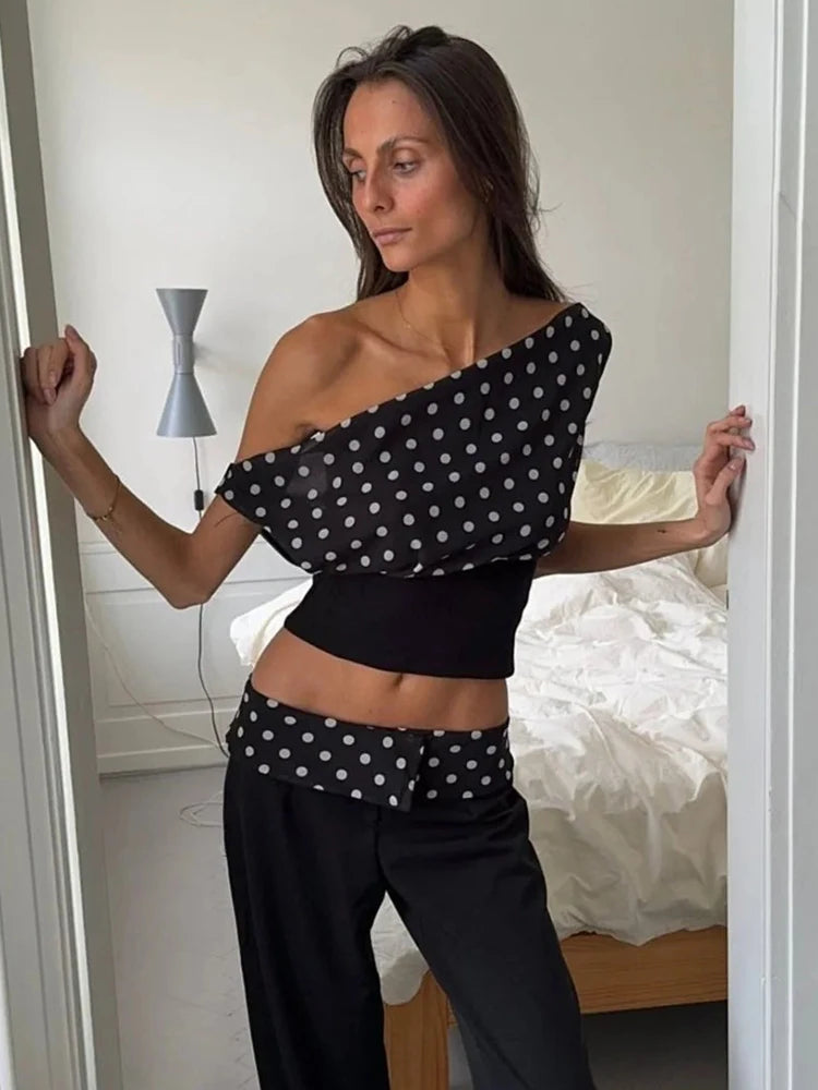 Backless Polka Dot Crop Tops Women Vest Fashion Summer New Oblique Shoulder Sleeveless Tank Tops Pullovers Female