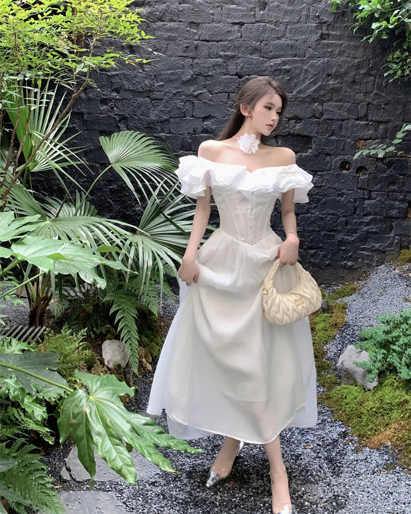 French Vintage White Strapless Midi Dresses for Women Summer New Elegant Party Sleeveless Slim Evening Prom Female Clothing