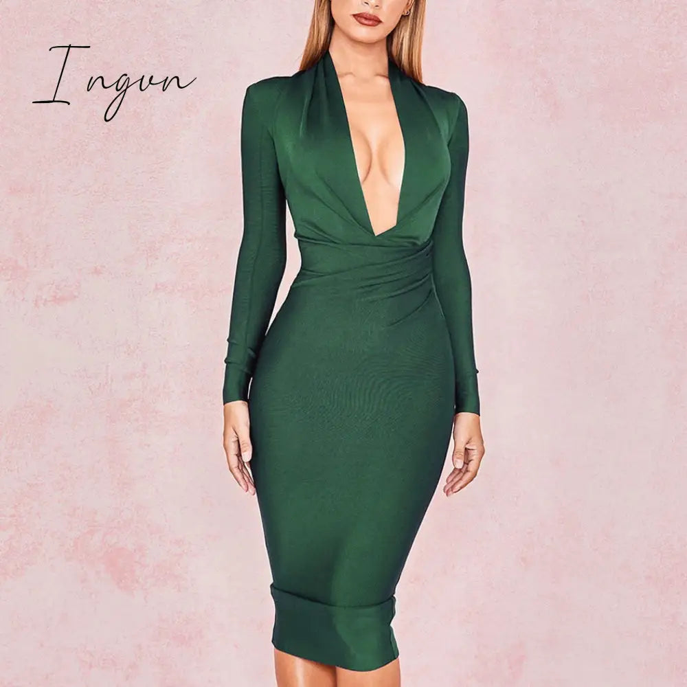 Ingvn - New Summer Deep V Neck Women Bandage Dress Full Sleeves Celebrity Bodycon Dress Sexy Club Vestidos Evening Party Dresses