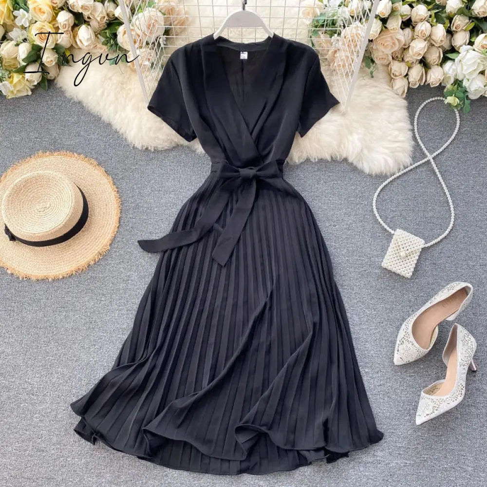 Ingvn - High Quality Solid Pleated Dress Women V neck Short Sleeves Sashes Long Dresses Summer Streetwear Vintage Vestidos