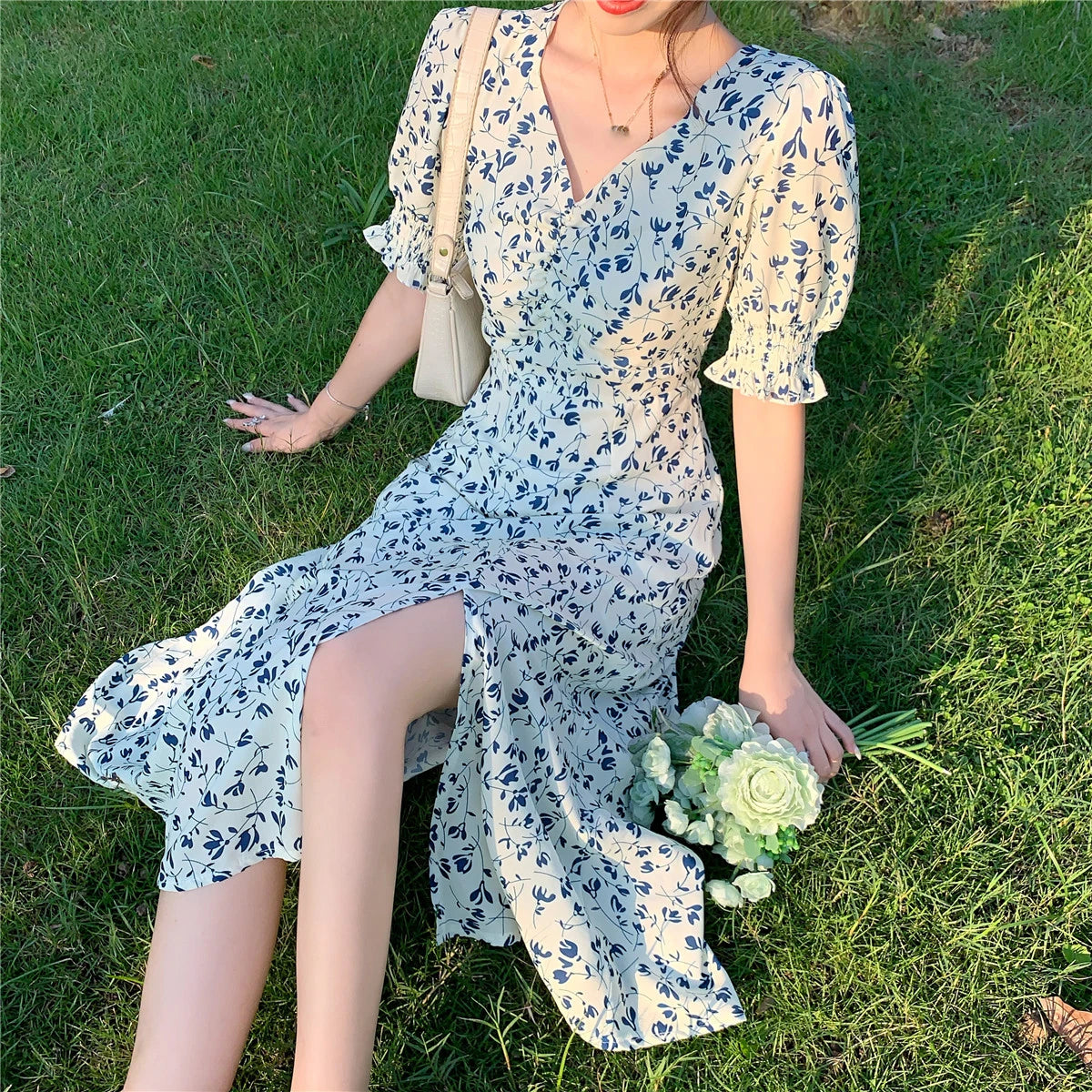 Harajuku Floral Dress for Women Party French Vintage Retro Office Lady Casual Club Mini Sexy Dresses Summer New Clothes