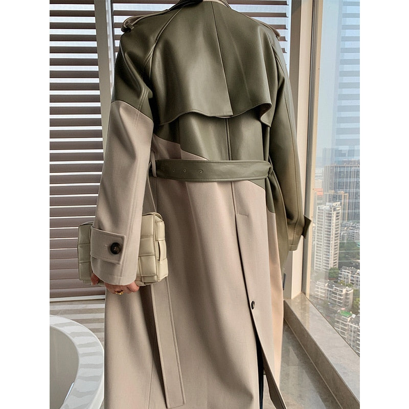 Women's Coat Spring Autumn Windbreaker Jacket Female Green Trench Quality Clothing Leather Stitching Windproof Long Ladies Cloak