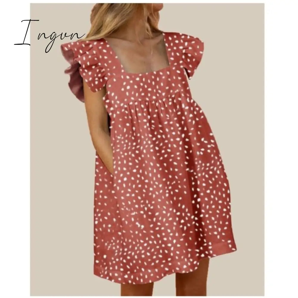 Ingvn - Women Autumn Spring Vintage Mini Cupcake Dress V Neck Long Lantern Sleeve Back With Ruffles Korean Style Elegant Red Dress