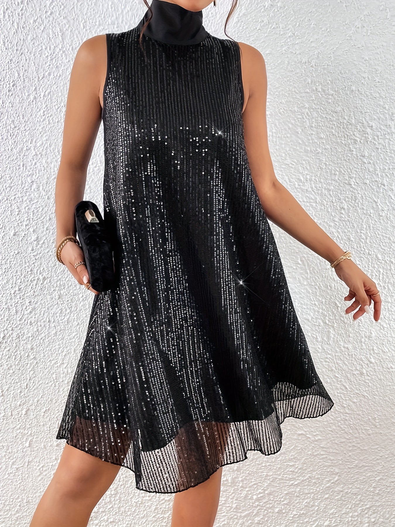 Sequin High Neck Dress, Elegant Bow Knot Back Tank Dress, Women's Clothing