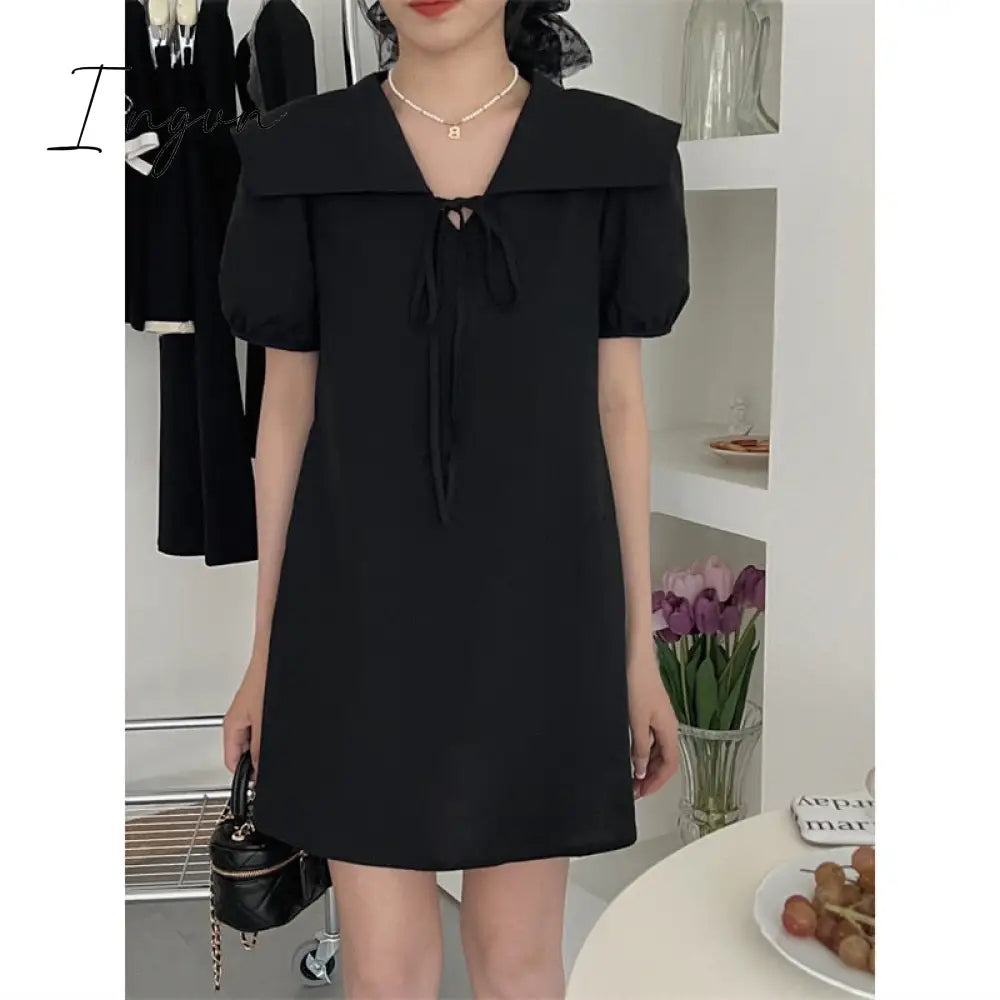 Ingvn - Solid Dress for Women Fashion High Waisted Short Sleeve Sailor Collar Lace Up Mini Dresses 2023 New Spring Summer Dress