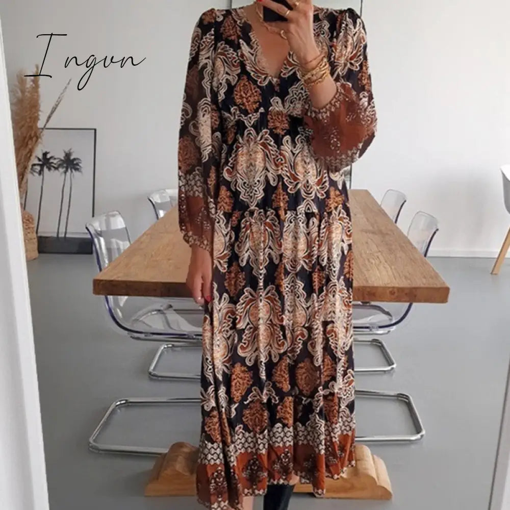 Ingvn - Women Fashion Pattern Printed Dress Autumn Office Casual Long Sleeve Pleated Dress Lady Vintage Loose High Waist Dresses Vestido