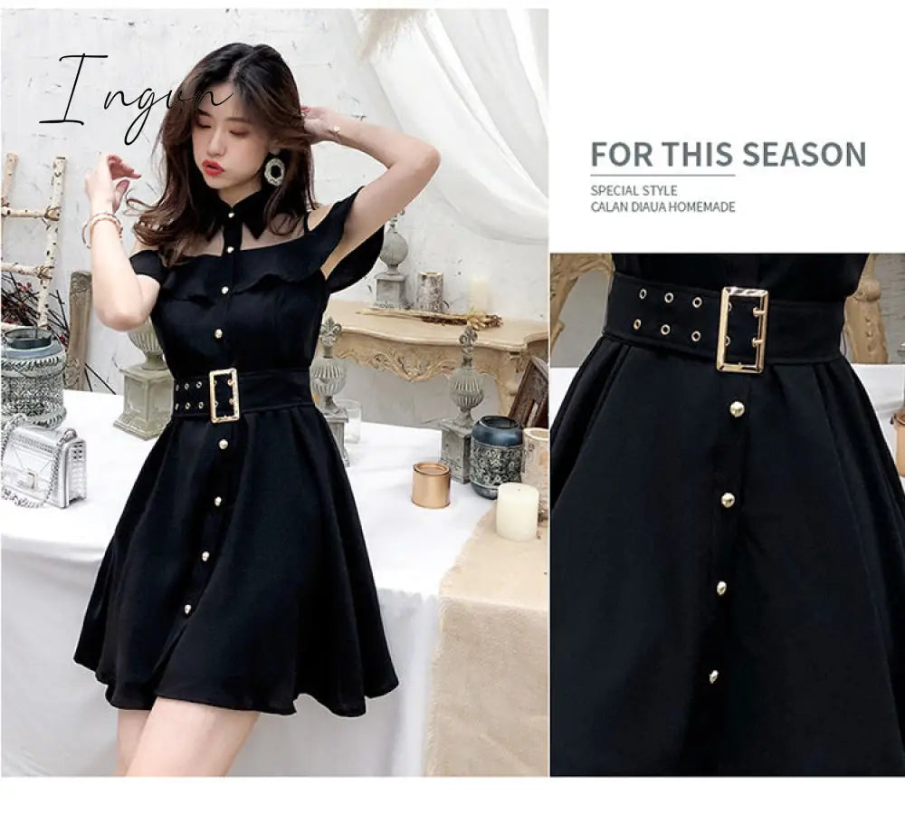 Ingvn - Korean OL New Single Breasted Women Summer Dress Sweet Chic Black office work Short mini Dresses With Belt Vestidos jurken