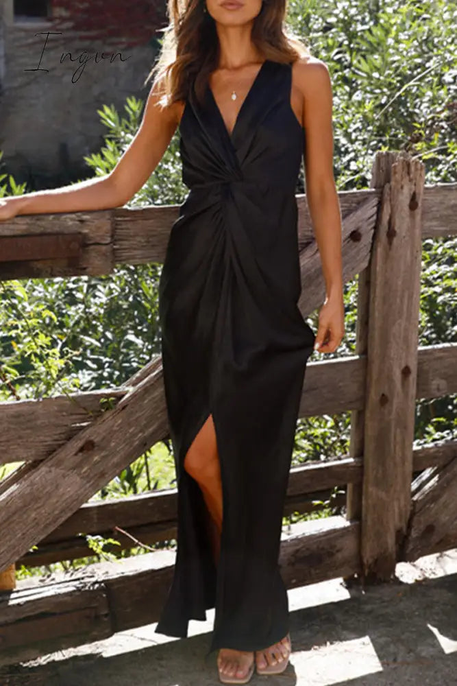 Ingvn- Sexy Formal Solid Fold V Neck Evening Dress Dresses