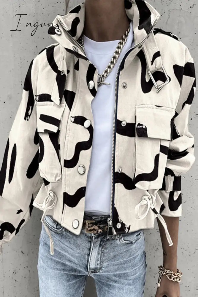 Ingvn - Casual Geometric Pocket Printing Mandarin Collar Outerwear