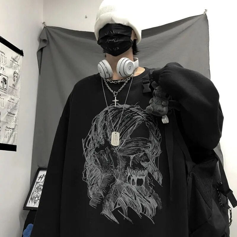 Retro dark printed sweatshirt for couples to wear loose black long sleeve top fashionable wide Songyuan night style album top