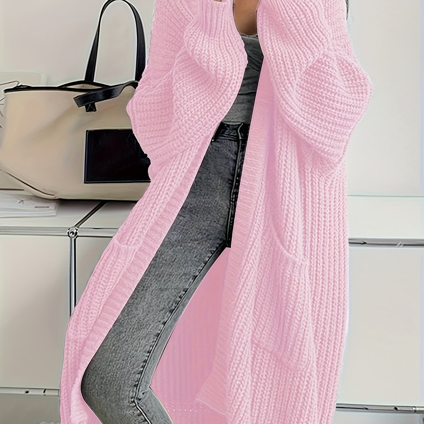 Solid Open Front Cardigan, Casual Long Sleeve Drop Shoulder Long Length Outwear, Women's Clothing