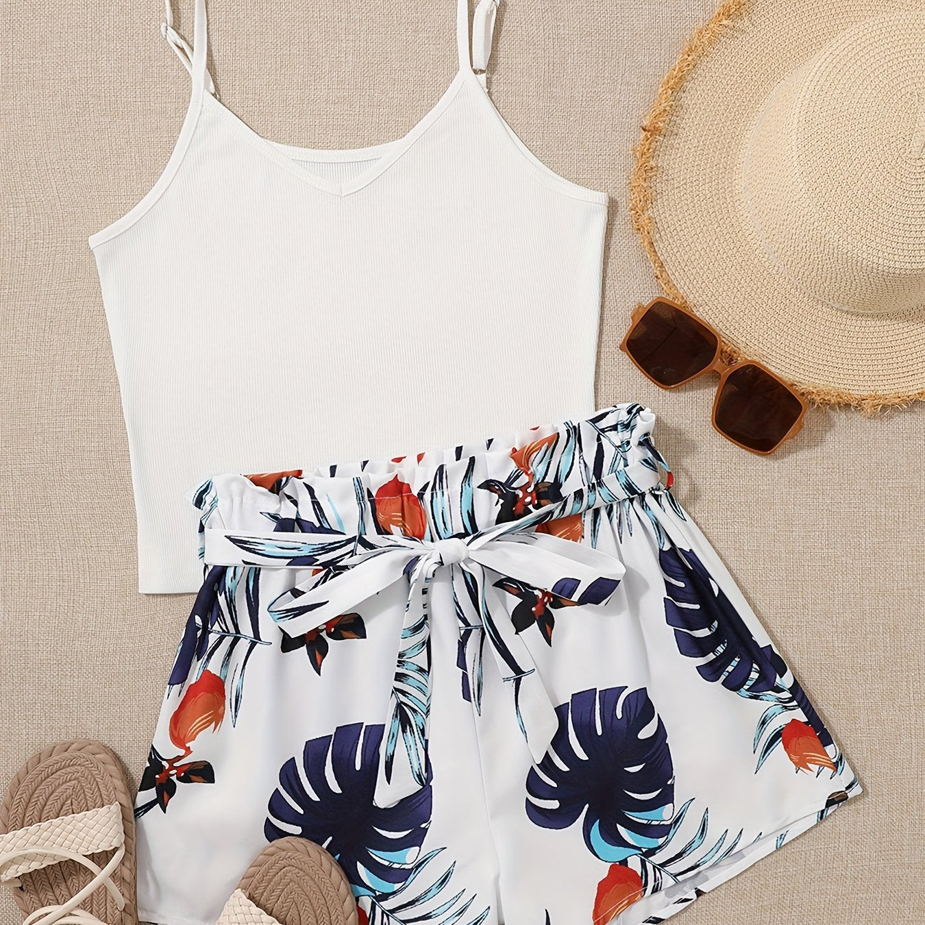Lightweight Womens Vacation Shorts Outfit Set - Sleeveless V-Neck Cami Top with Vibrant Plants Print & Belted Paperbag Waist Loose Shorts - Effortless Summer Style Two-Piece Ensemble