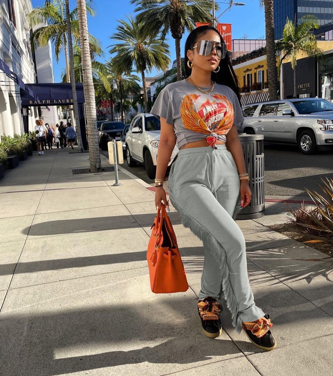 Voguable  Women Festival Clothing Casual Streetwear Bodycon Sweat Pants Women Vintage Capris Side Tassels Patchwork Solid Jogger Pant