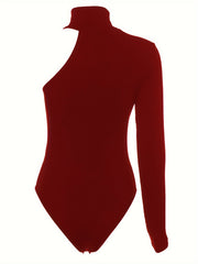 Chic Asymmetric One Shoulder Ribbed Knit Bodysuit - Long Sleeve, Sexy Style for Fall Winter - Form-Fitting, Versatile One Piece Womens Clothing