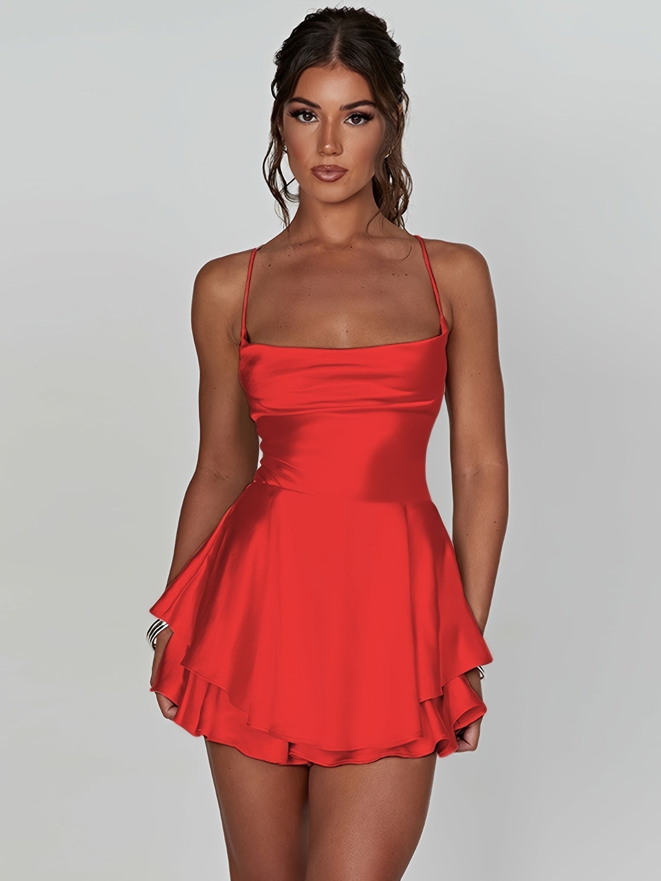 Mini Backless Ruffle Slingback Dress - Elegant Square Neck, High Elasticity Polyester, Solid Color, Knit Fabric, Perfect for Coquette Y2K Style Party Dressing - Womens Clothing for All Seasons
