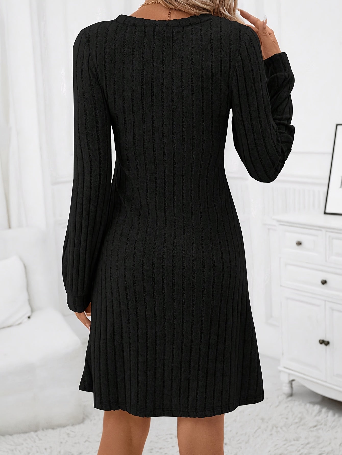 Elegant Ribbed V Neck Dress - Stylish Long Sleeves, Flattering V Neckline, Soft Ribbed Texture - Womens Formal and Semi-Formal Clothing for Comfort and Style