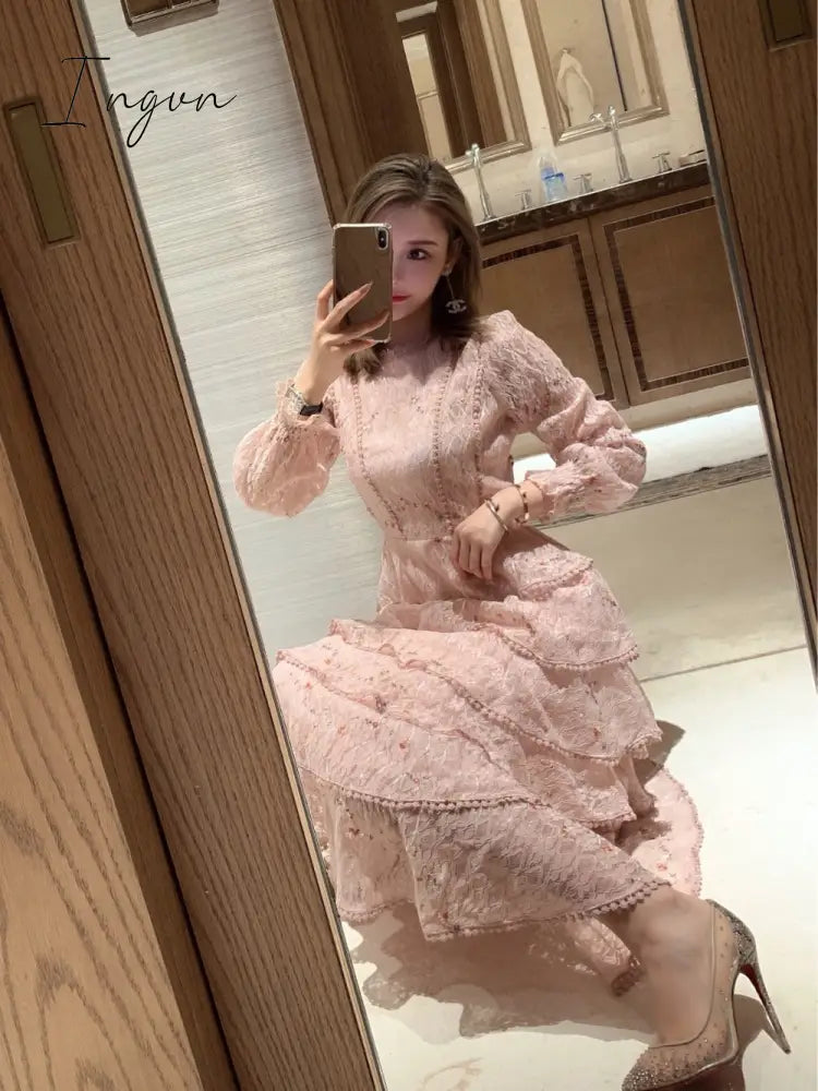 Ingvn - Pink Lace Embroidery Maxi Dress Female spring Winter Full sleeve high waist Ruffle elegant Long party dresses Woman