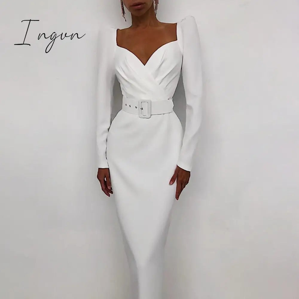Ingvn - InstaHot Elegant Party Women Dress Slim V Neck Long Sleeve Mid Calf Pencil Dress Casual Office Lady Solid Red Puff Sleeve