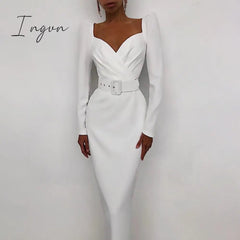 Ingvn - InstaHot Elegant Party Women Dress Slim V Neck Long Sleeve Mid Calf Pencil Dress Casual Office Lady Solid Red Puff Sleeve