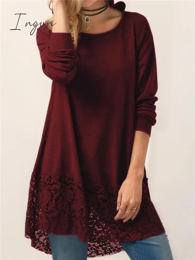Ingvn - Women Pure Color Lace Patchwork Long Sleeve T-shirt With Hood