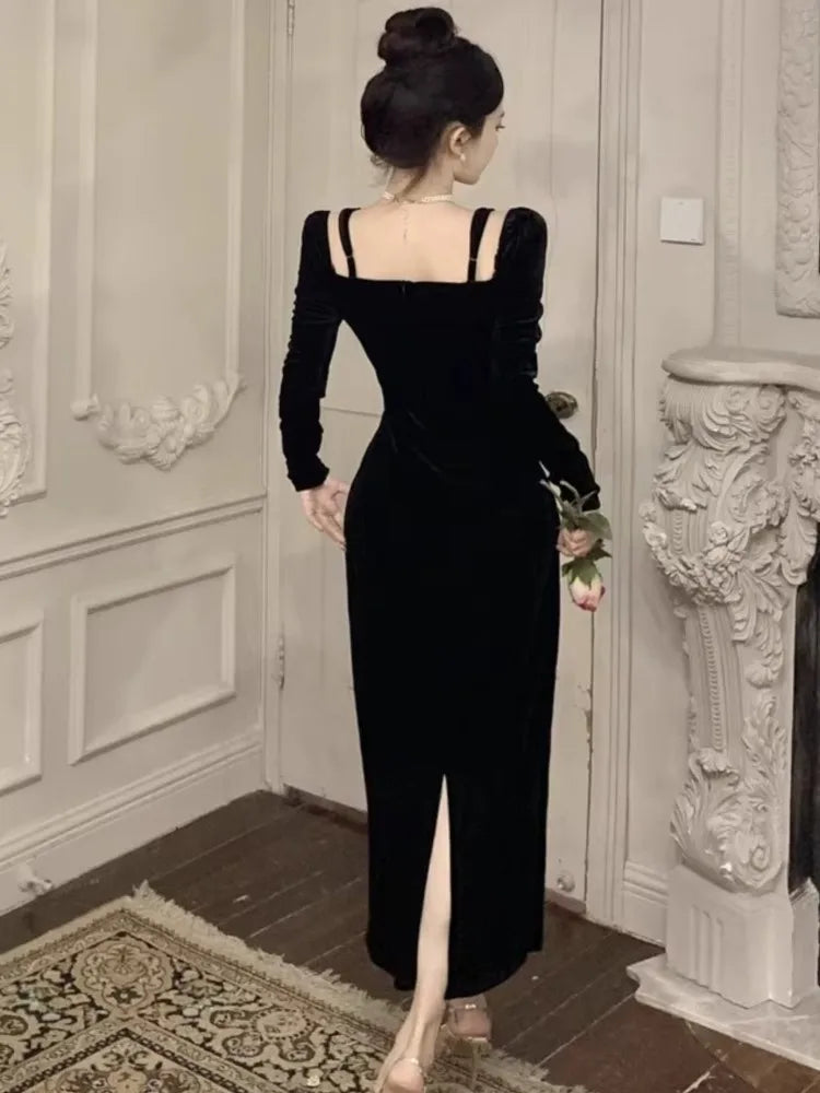Elegant Velvet Womens Dresses Spaghetti Straps Long Sleeve Luxurious Evening Party Midi Dress Autumn Split Bodycon Vestidos New