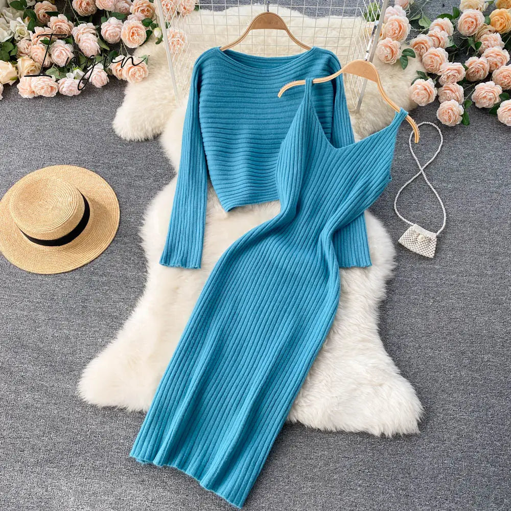 Ingvn - Women Elegant Slim Two Piece Sets Female Sweater Dress Autumn Winter High Waist Knitted Ensemble Femme Medium Long Party Dresses