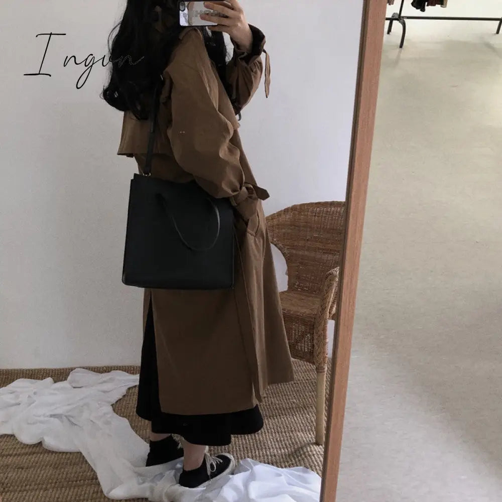 Ingvn - Chic Women Trench Coat Casual Women's Long Outerwear Loose Overcoat Autumn Winter Fashion Double-breasted Windbreaker Femme