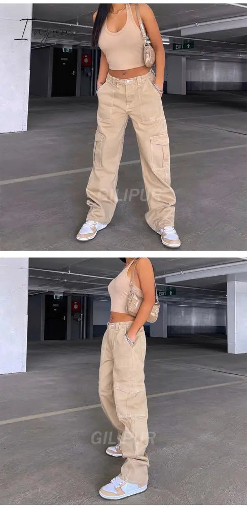 Ingvn - Y2k Cargo Pants Women's Jeans New Fashion Baggy Jeans Denim Overalls 90s Low Rise Pocket Straight Leg Trousers Streetwear