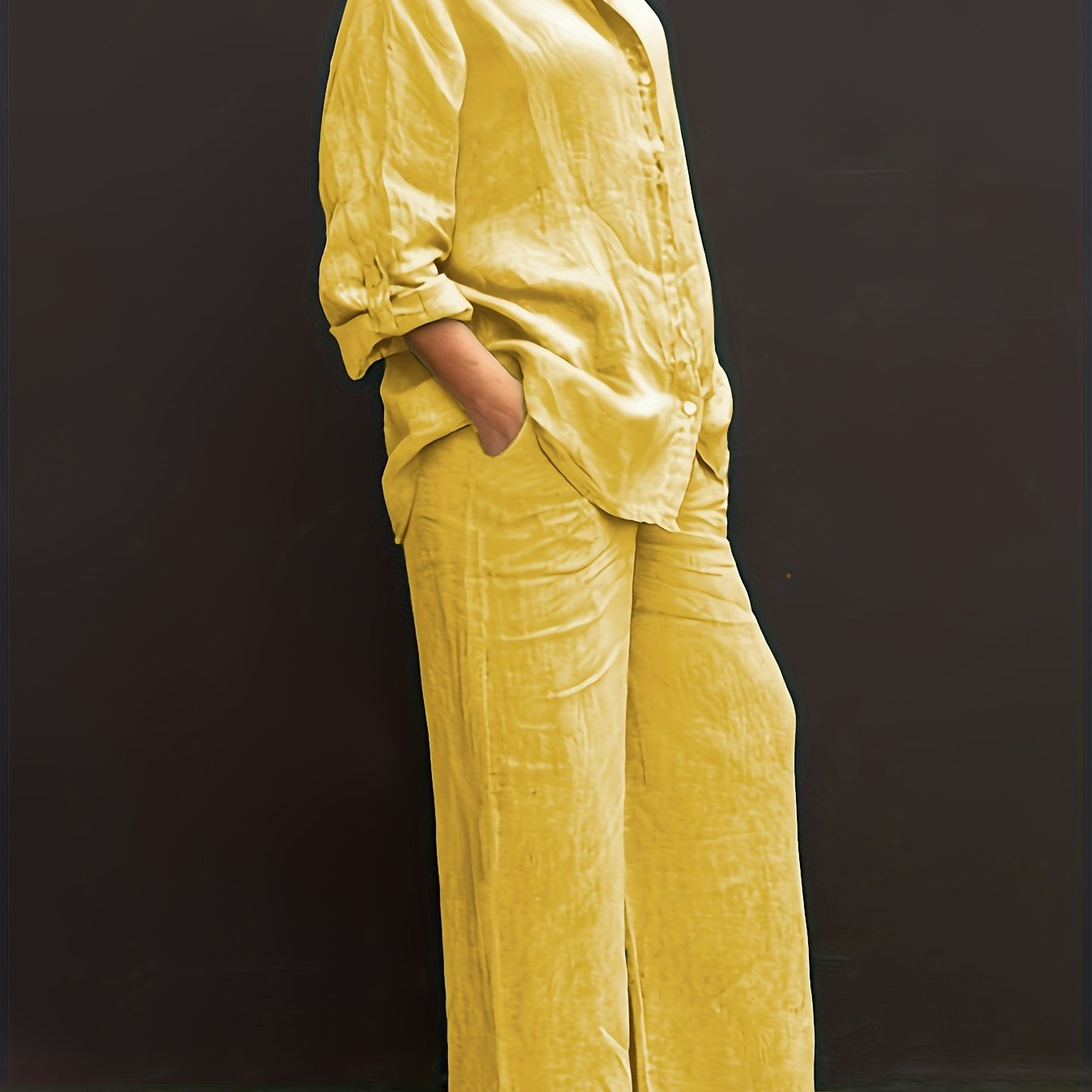 Two-Piece Solid Color Chic Pantsuit Set - Women's Casual Long Sleeve Shirt & Elastic Waist Pants Outfits with Comfortable Fabric and Versatile Style for Daily Wear
