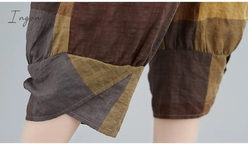 Ingvn - Thin Soft Cotton Linen Loose Women Clothes Set Tops Harem Pants Two Piece Casual Set Vintage Plaid Lady Summer Fashion Set Suits