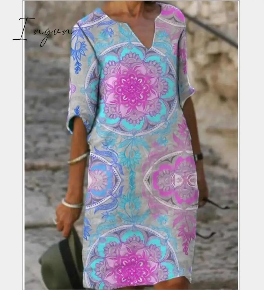 Ingvn - New Women Printing Dress Summer V-Neck Half Sleeve A-Line Dresses Female Retro litera Vintage Loose Dress Vestidos