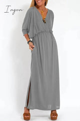 Ingvn - Casual Simplicity Solid Pocket Slit V Neck A Line Dresses