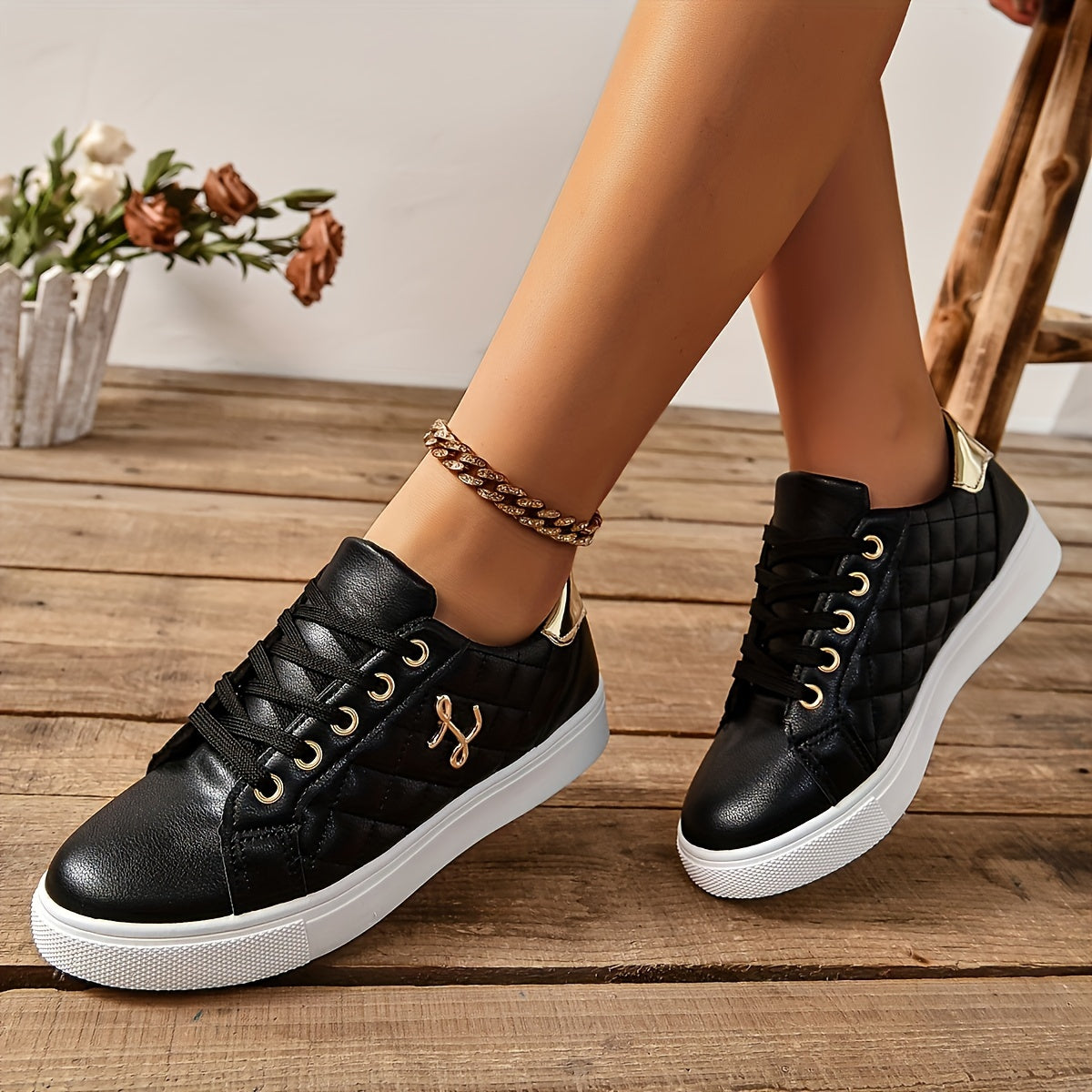 Chic Quilted Sneakers for Women - Comfortable Low-Top Design with Lace-Up Closure, Metallic Accent and Soft Sole for Casual Wear