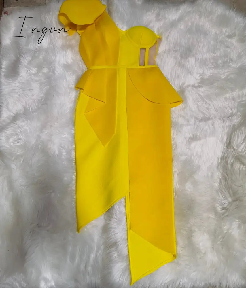 Ingvn - New Summer Fashion Women Bodycon Dress One Shoulder Bow Mesh Ruffle Sleeveless Bandage Dress Celebrity Party Evening Sexy