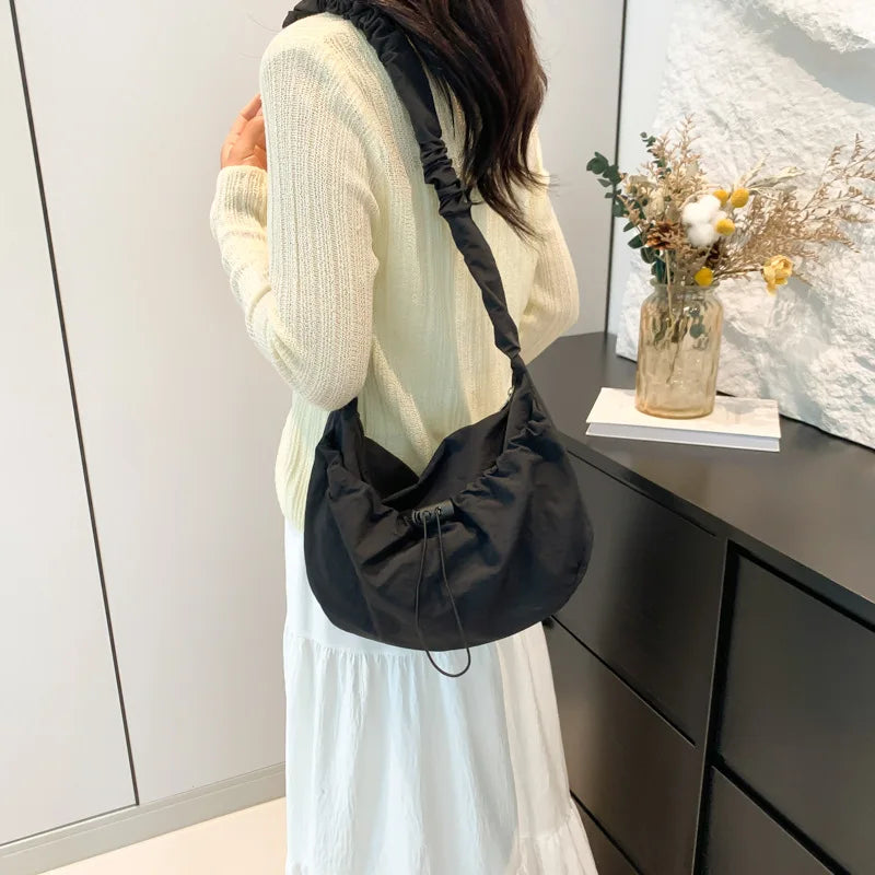 Ingvn  Soft Nylon Women's Drawstring Shoulder Bag Pleated Strap Female Hobos Crossbody Bags Large Capacity Ladies Solid Color Handbags