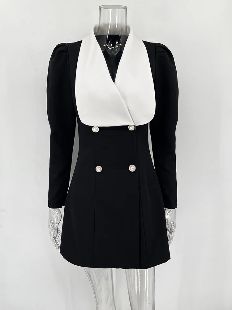 Contrast Color Lapel Suit Dress Elegant Office Woman Outfits Pleatd Splice High Waist Mini Dress Double Breasted Fashion