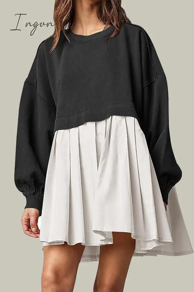Ingvn - Casual Solid Patchwork Contrast O Neck Pleated Dresses