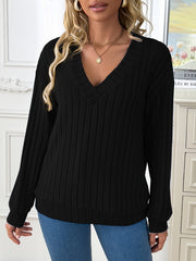 1pc Elegant Women'S V-Neck Ribbed Sweater - 100% Polyester Knit Fabric, Solid Color, Long Sleeve, Regular Length for Spring/Fall