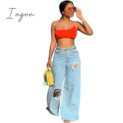 Ingvn - Front Ripped Frayed Hem Wide Leg Denim Trousers