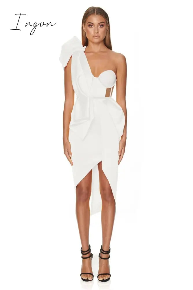 Ingvn - New Summer Fashion Women Bodycon Dress One Shoulder Bow Mesh Ruffle Sleeveless Bandage Dress Celebrity Party Evening Sexy