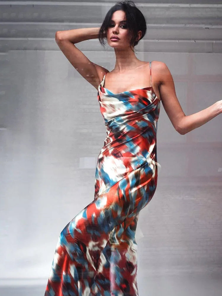 Spaghetti Strap Print Sexy Maxi Dress For Women Gown Fashion Hollow Out Sleeveless Backless Bodycon Club Long Dress