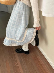 Autumn Winter Y2k Skirts Blue Plaid Woolen Vintage Plaid Lace Splicing Skirt High Waist Slimming A Word Long Skirt