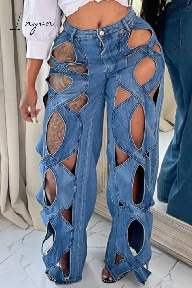 Ingvn - Casual Solid Hollowed Out Patchwork High Waist Regular Denim Jeans