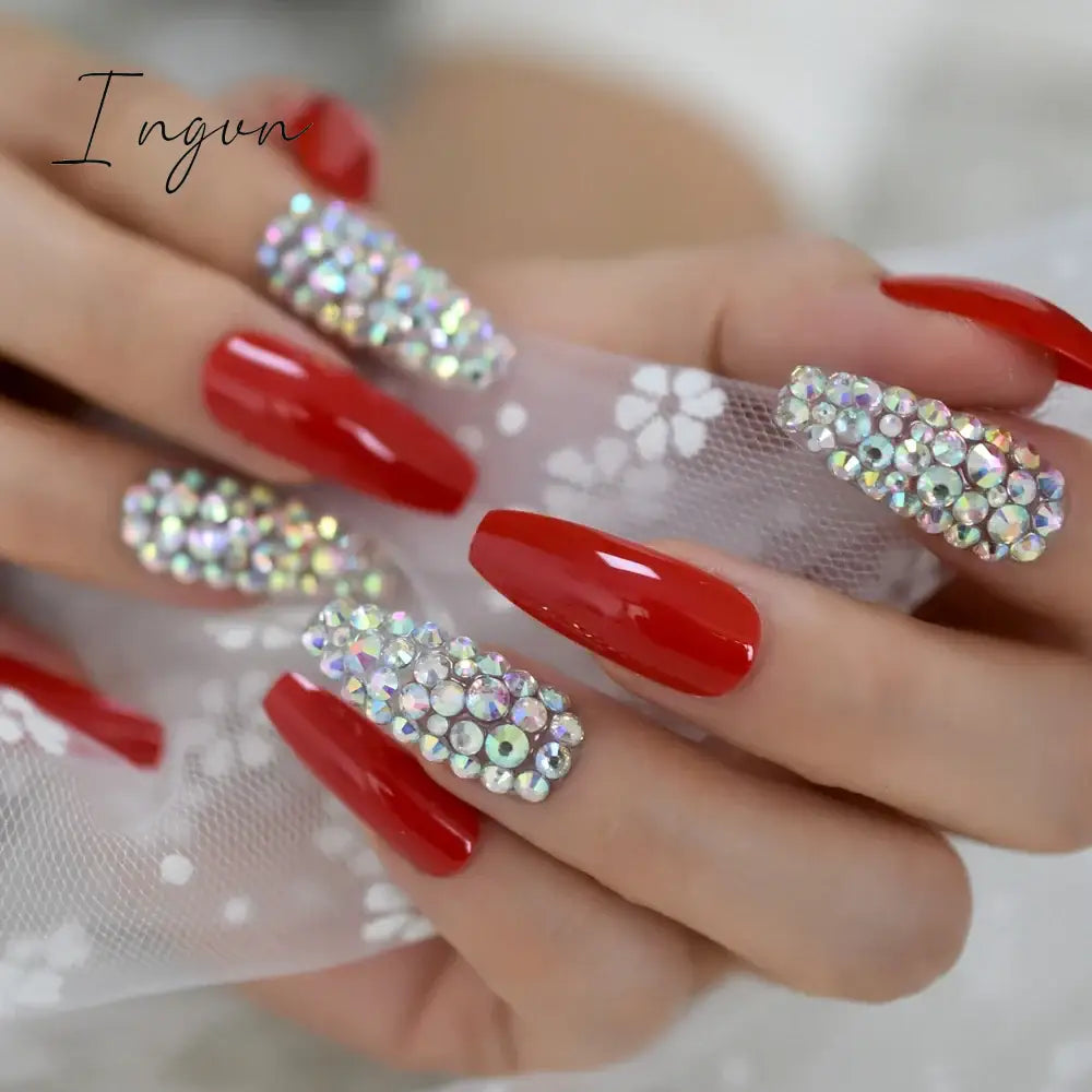 Extra Long Stiletto Press on False Nails Full Cover 3D Rhinestone Fake Nails Manicure Nail Art Tips Set for Wedding Party