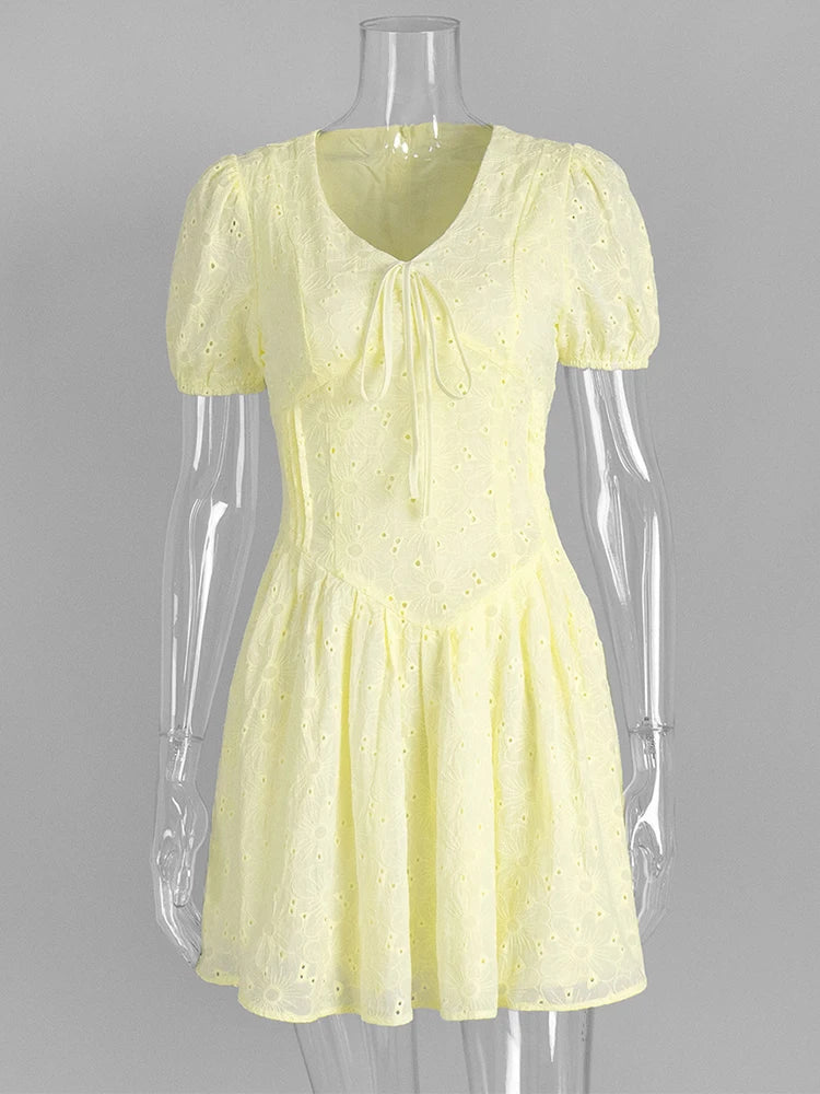 Trendix Yellow Elegant Dress Women Summer Sexy Deep V Neck Lace Up Short Sleeve Dresses Street Casual Vacation Ruffle Mini Dress