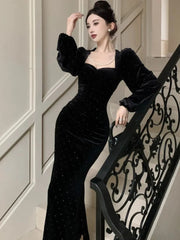 Elegant Velvet Black Mermaid Dress for Women Autumn Vintage Slim Solid Lantern Sleeve Dresses Fashion Evening Party Female Robe