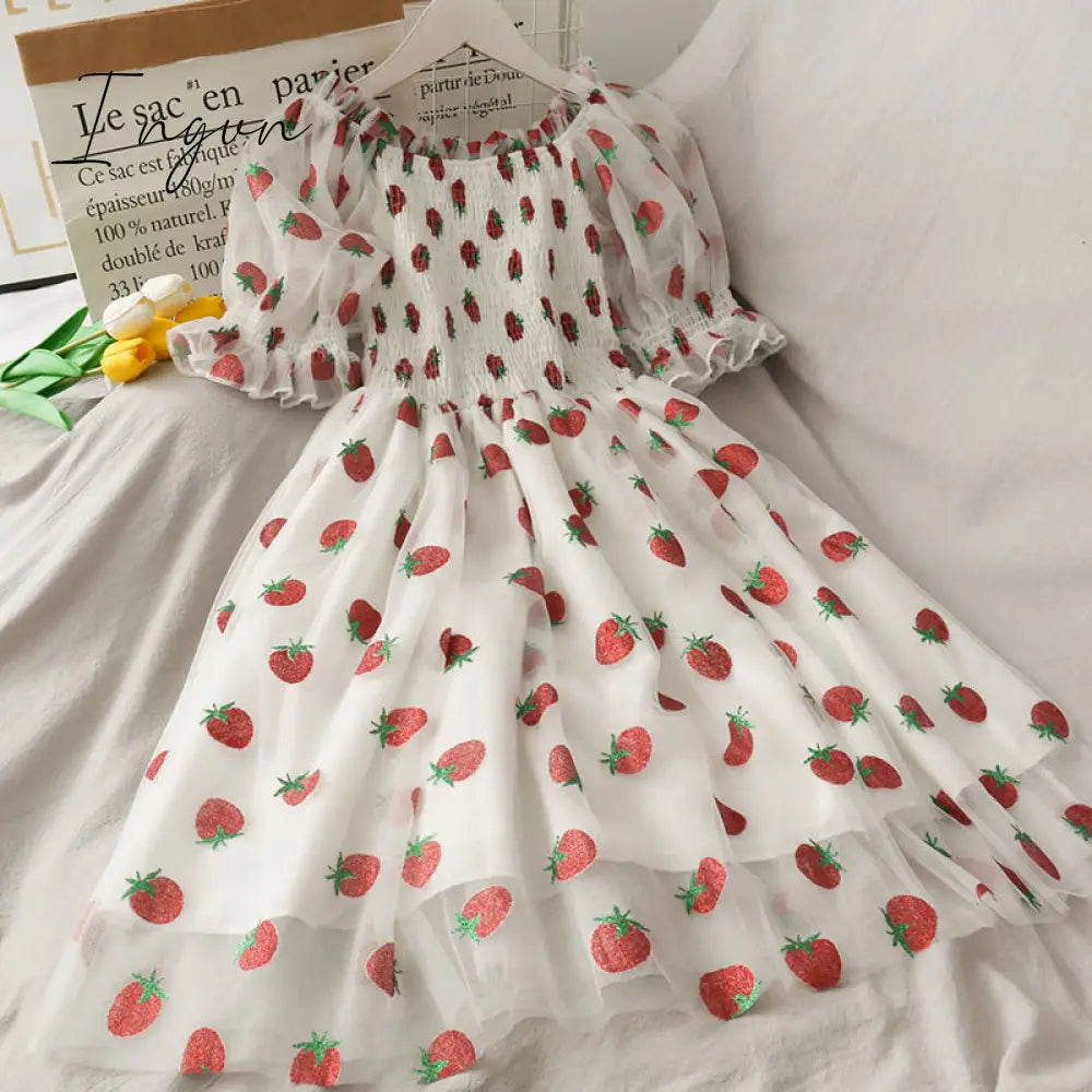 Ingvn - Strawberry Dress Women French Style Lace Chiffon Sweet Dress Casual Puff Sleeve Elegant Printed Kawaii Dress Women New