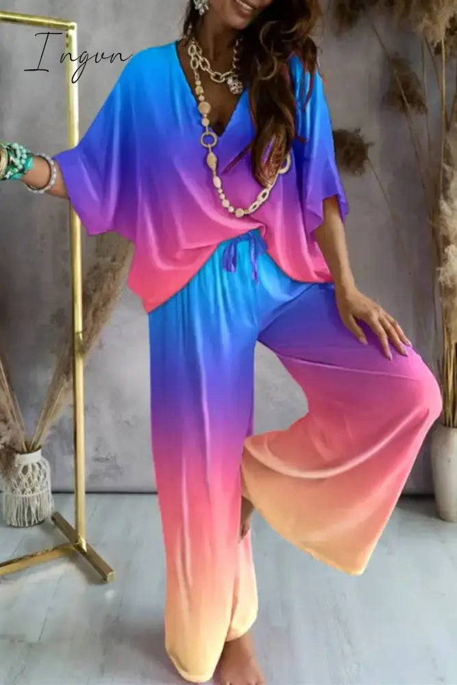 Ingvn - Casual Print Patchwork V Neck Half Sleeve Two Pieces(9 Colors)