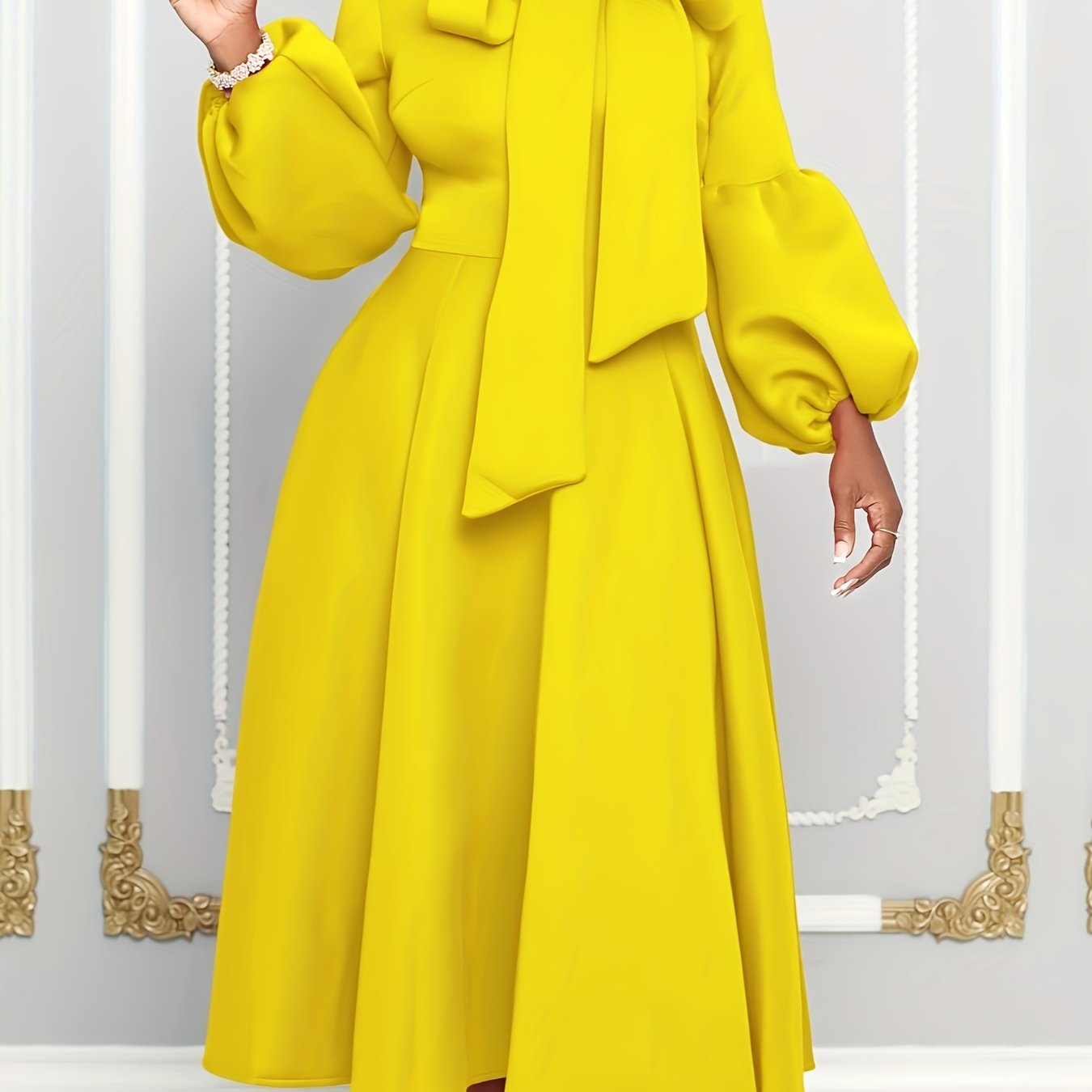 Solid Color Tie Neck Aline Dress, Elegant Ruffle Trim Lantern Sleeve Dress For Spring & Fall, Women's Clothing